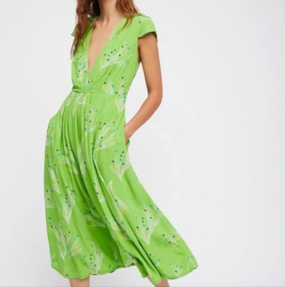 Free People Retro Green Print Midi Length Dress Size 10